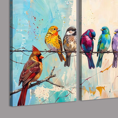 A row of brightly colored birds against expressive turquoise and ochre 3 piece canvas wall art room and product view