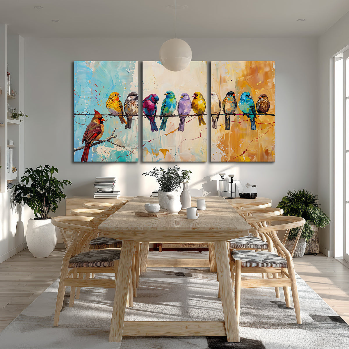 A row of brightly colored birds against expressive turquoise and ochre 3 piece canvas wall art room and product view