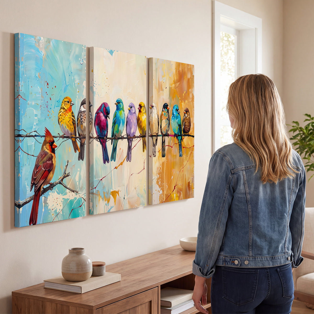 A row of brightly colored birds against expressive turquoise and ochre 3 piece canvas wall art three panel arrangement on a wall