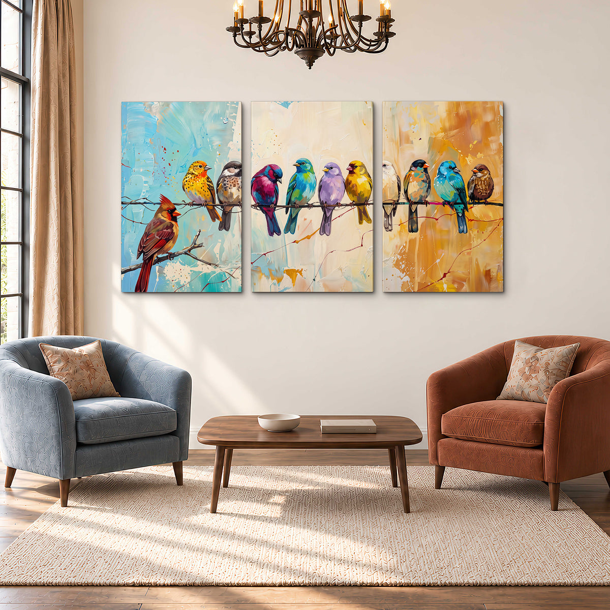A row of brightly colored birds against expressive turquoise and ochre 3 piece canvas wall art styled in an interior