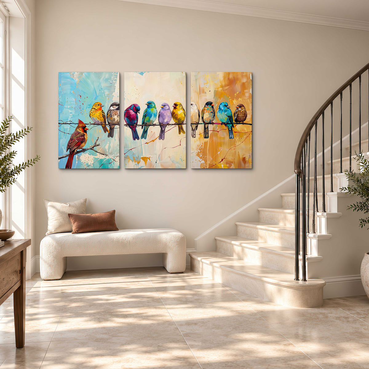 A row of brightly colored birds against expressive turquoise and ochre 3 piece canvas wall art styled in an interior