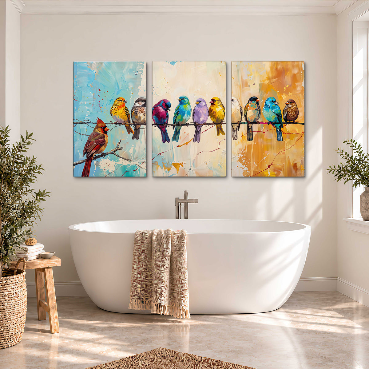 A row of brightly colored birds against expressive turquoise and ochre 3 piece canvas wall art styled in an interior