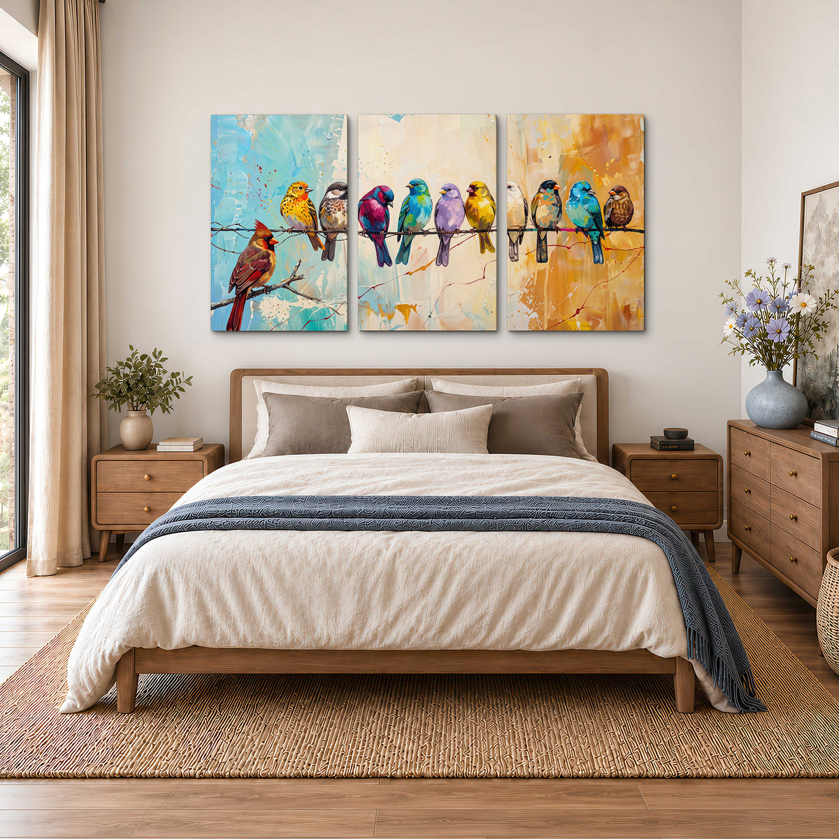 A row of brightly colored birds against expressive turquoise and ochre 3 piece canvas wall art styled in an interior