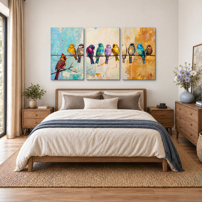 A row of brightly colored birds against expressive turquoise and ochre 3 piece canvas wall art styled in an interior