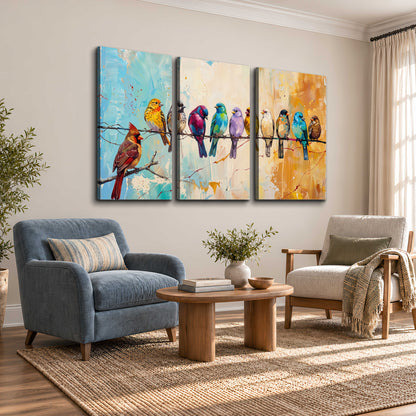 A row of brightly colored birds against expressive turquoise and ochre 3 piece canvas wall art styled in an interior
