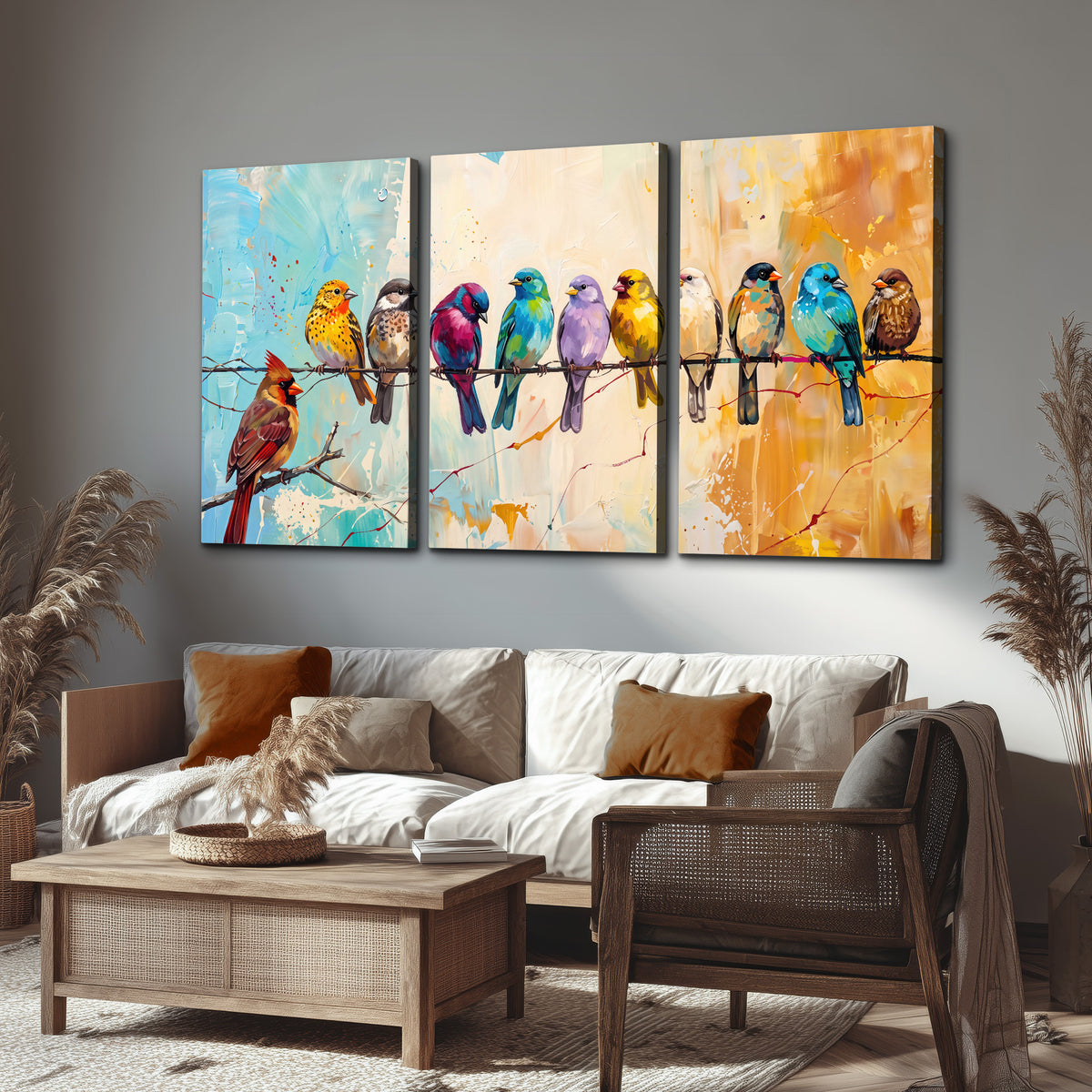 A row of brightly colored birds against expressive turquoise and ochre 3 piece canvas wall art displayed in a rustic living room