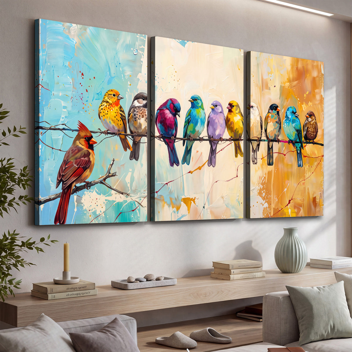 A row of brightly colored birds against expressive turquoise and ochre 3 piece canvas wall art displayed in a console