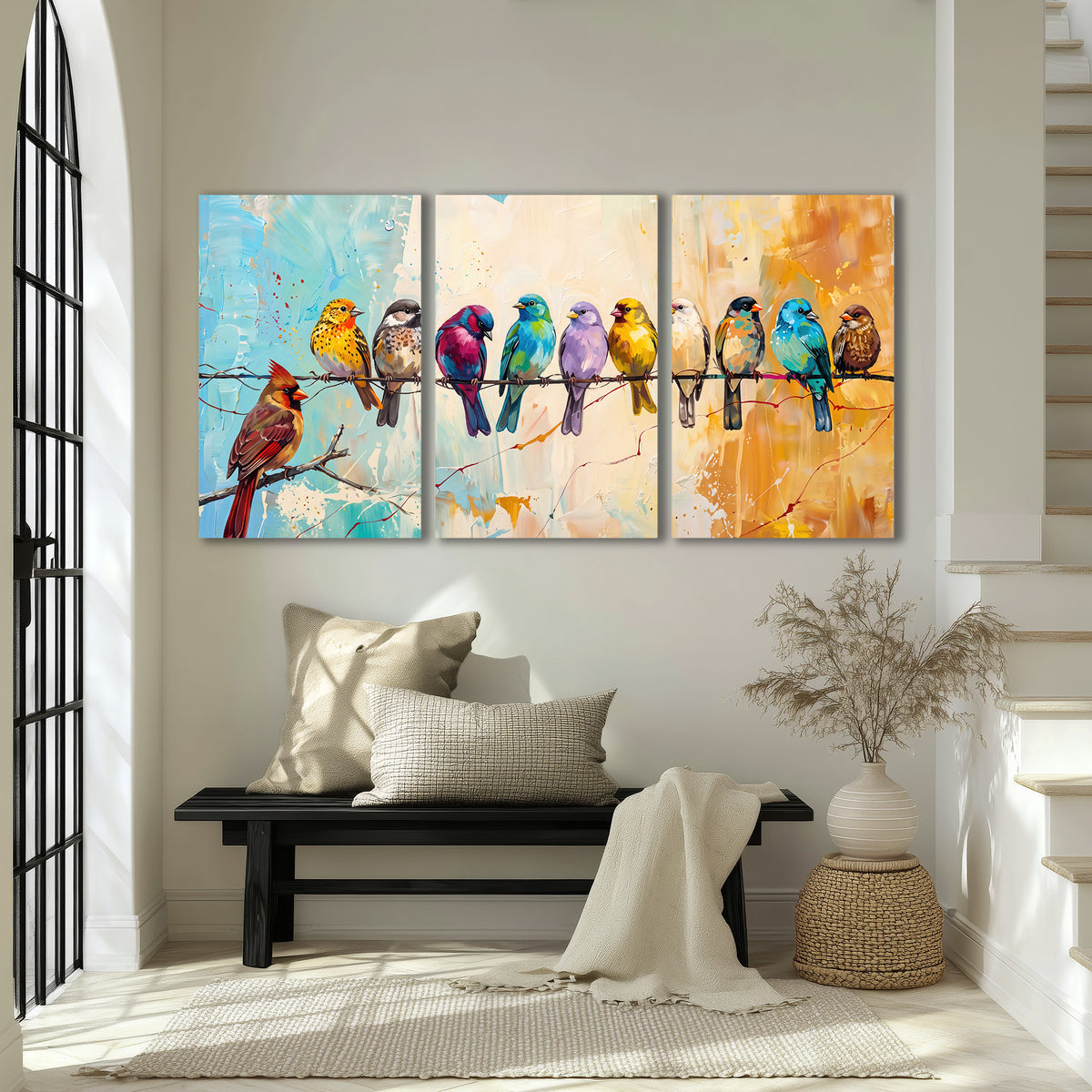 A row of brightly colored birds against expressive turquoise and ochre 3 piece canvas wall art displayed in a entryway