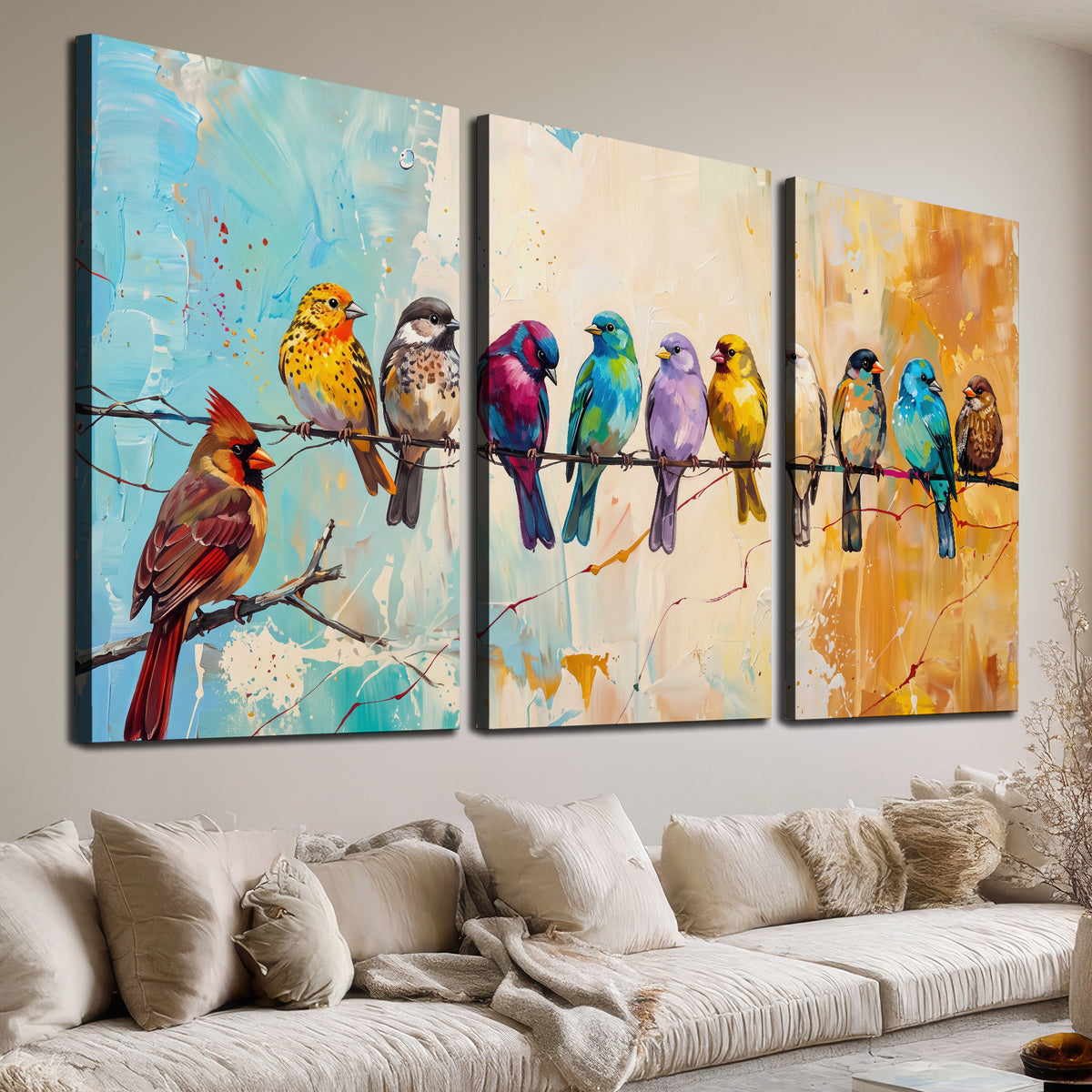 A row of brightly colored birds against expressive turquoise and ochre 3 piece canvas wall art room and product view