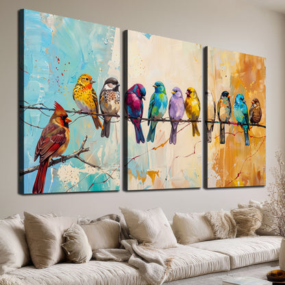 A row of brightly colored birds against expressive turquoise and ochre 3 piece canvas wall art room and product view