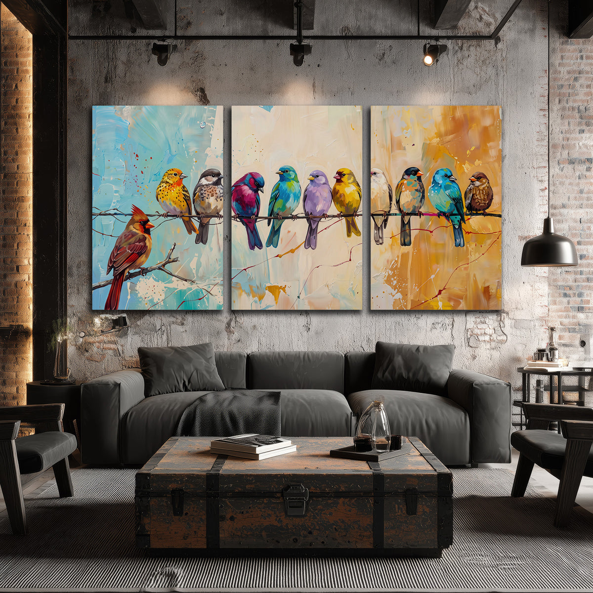 A row of brightly colored birds against expressive turquoise and ochre 3 piece canvas wall art displayed in a industrial room