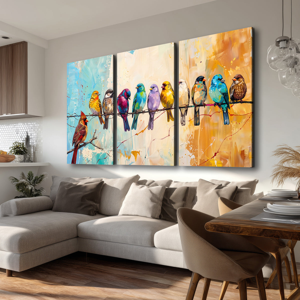 A row of brightly colored birds against expressive turquoise and ochre 3 piece canvas wall art room and product view