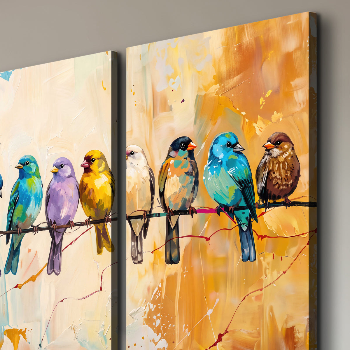 A row of brightly colored birds against expressive turquoise and ochre 3 piece canvas wall art room and product view