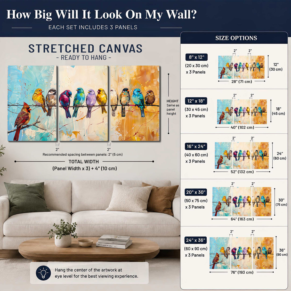 A row of brightly colored birds against expressive turquoise and ochre 3 piece canvas wall art size guide above a sofa; room view is illustrative