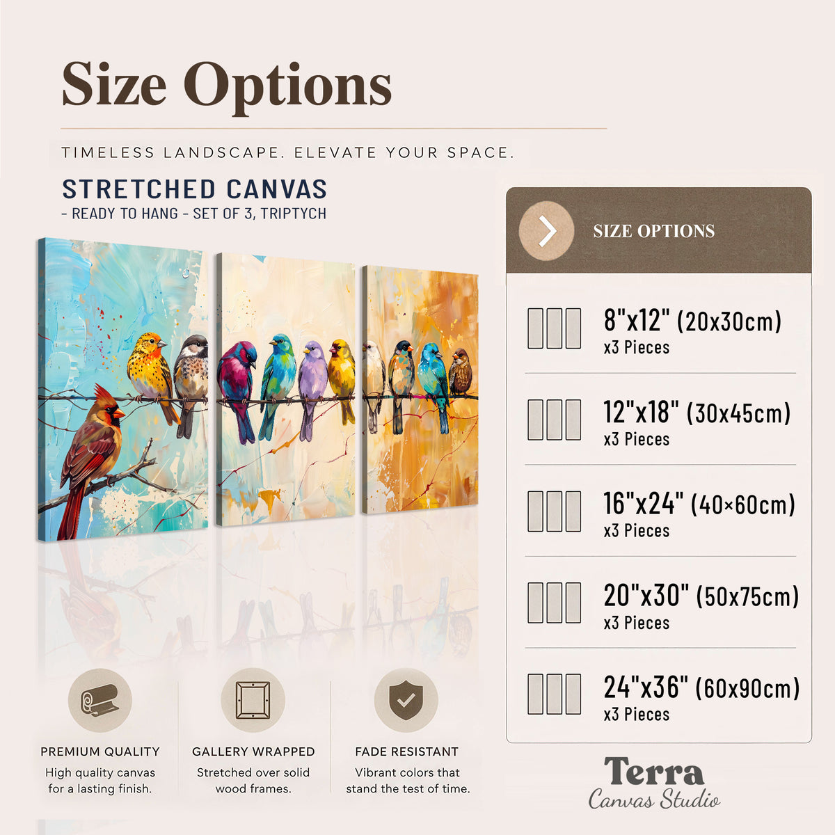 A row of brightly colored birds against expressive turquoise and ochre 3 piece canvas wall art available dimensions; triptych dimensions are per panel