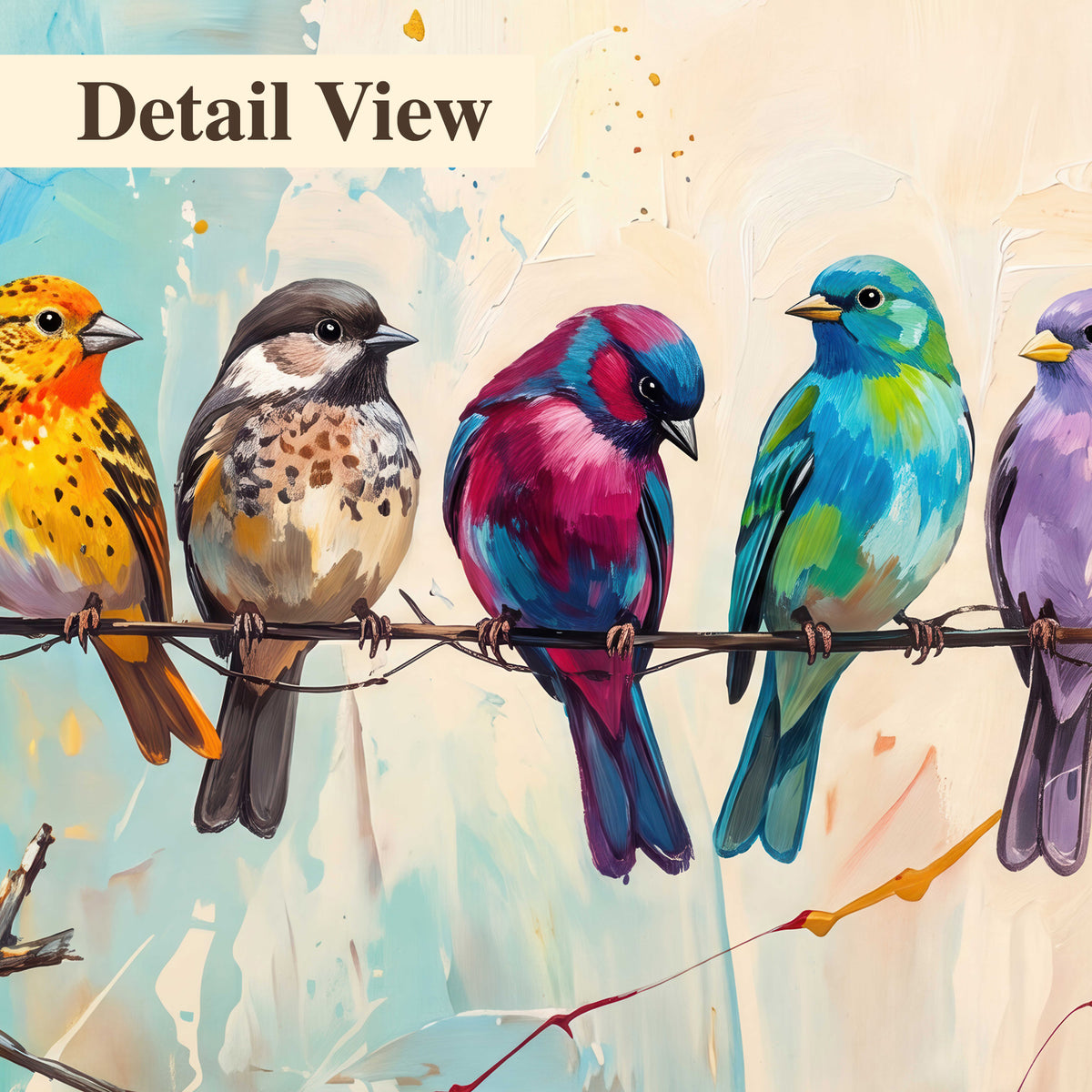 A row of brightly colored birds against expressive turquoise and ochre 3 piece canvas wall art artwork detail close up