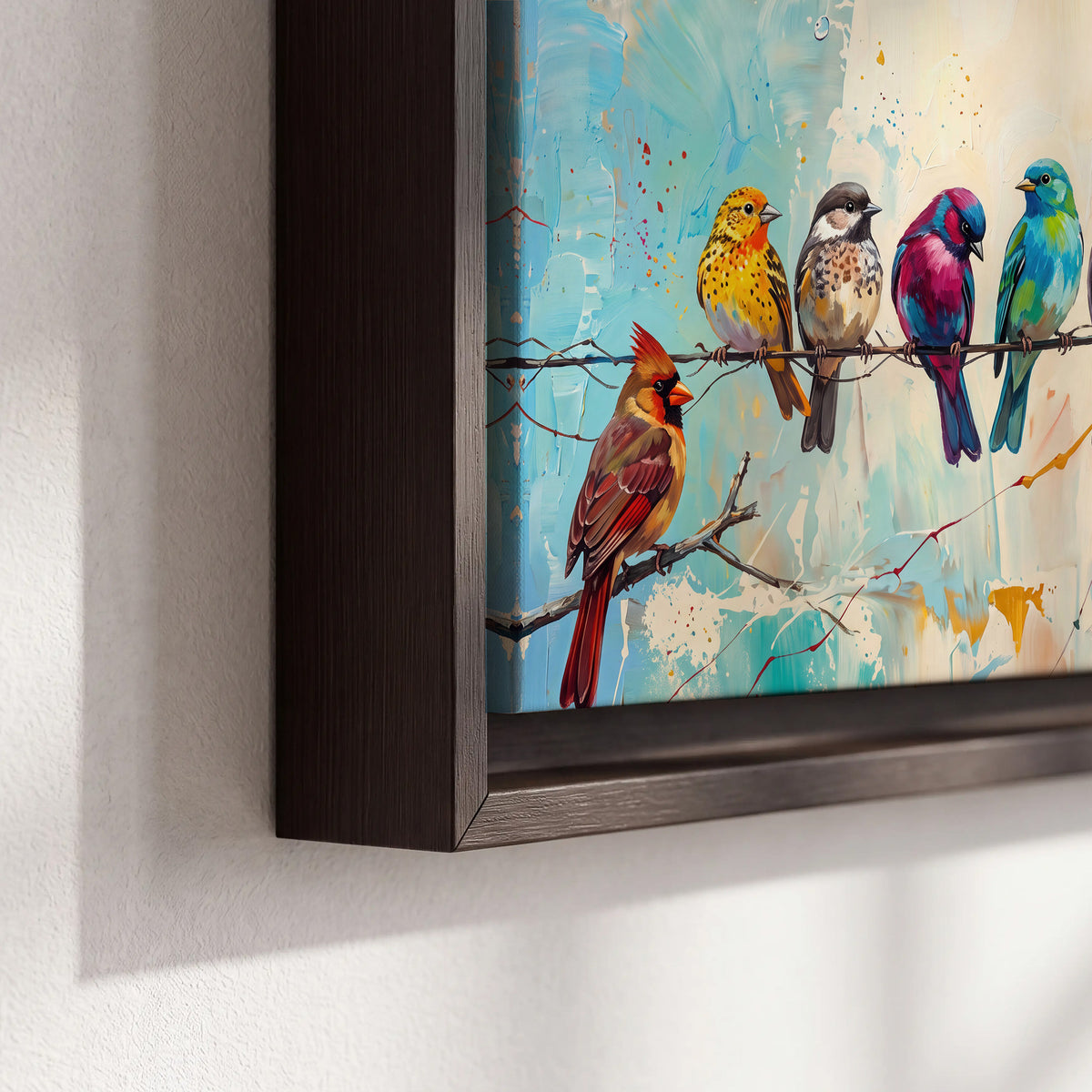 A row of brightly colored birds against expressive turquoise and ochre 3 piece framed canvas wall art material and edge close up