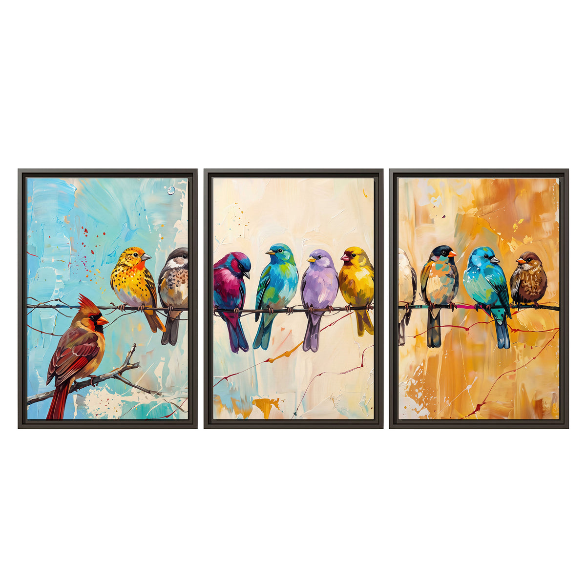 A row of brightly colored birds against expressive turquoise and ochre 3 piece framed canvas wall art viewed straight on