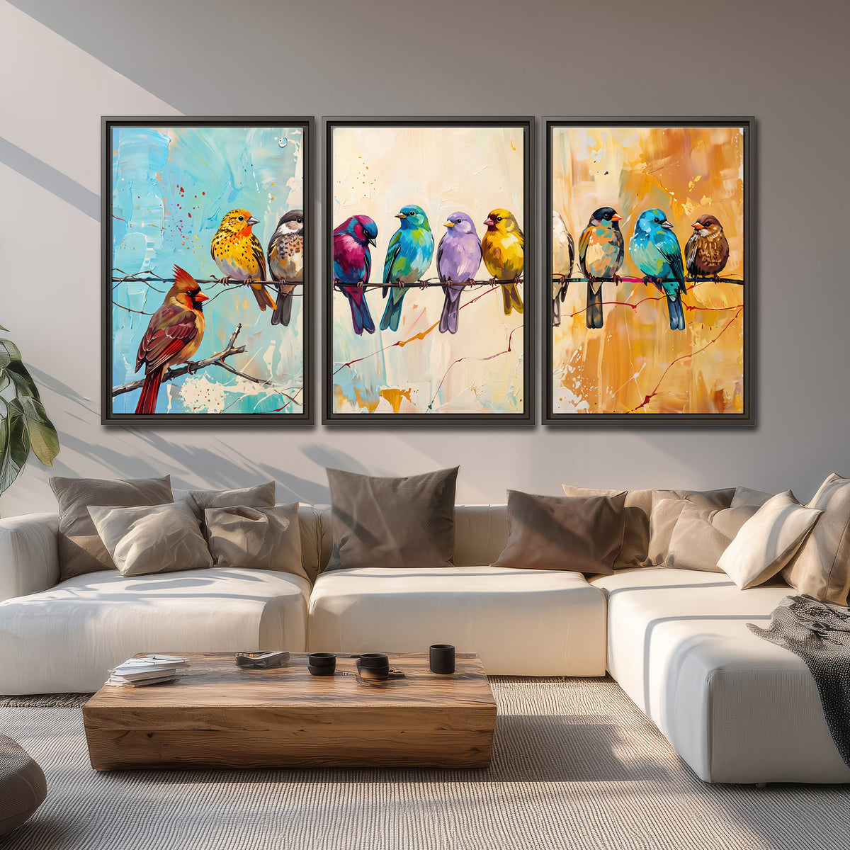 A row of brightly colored birds against expressive turquoise and ochre 3 piece framed canvas wall art displayed in a living room