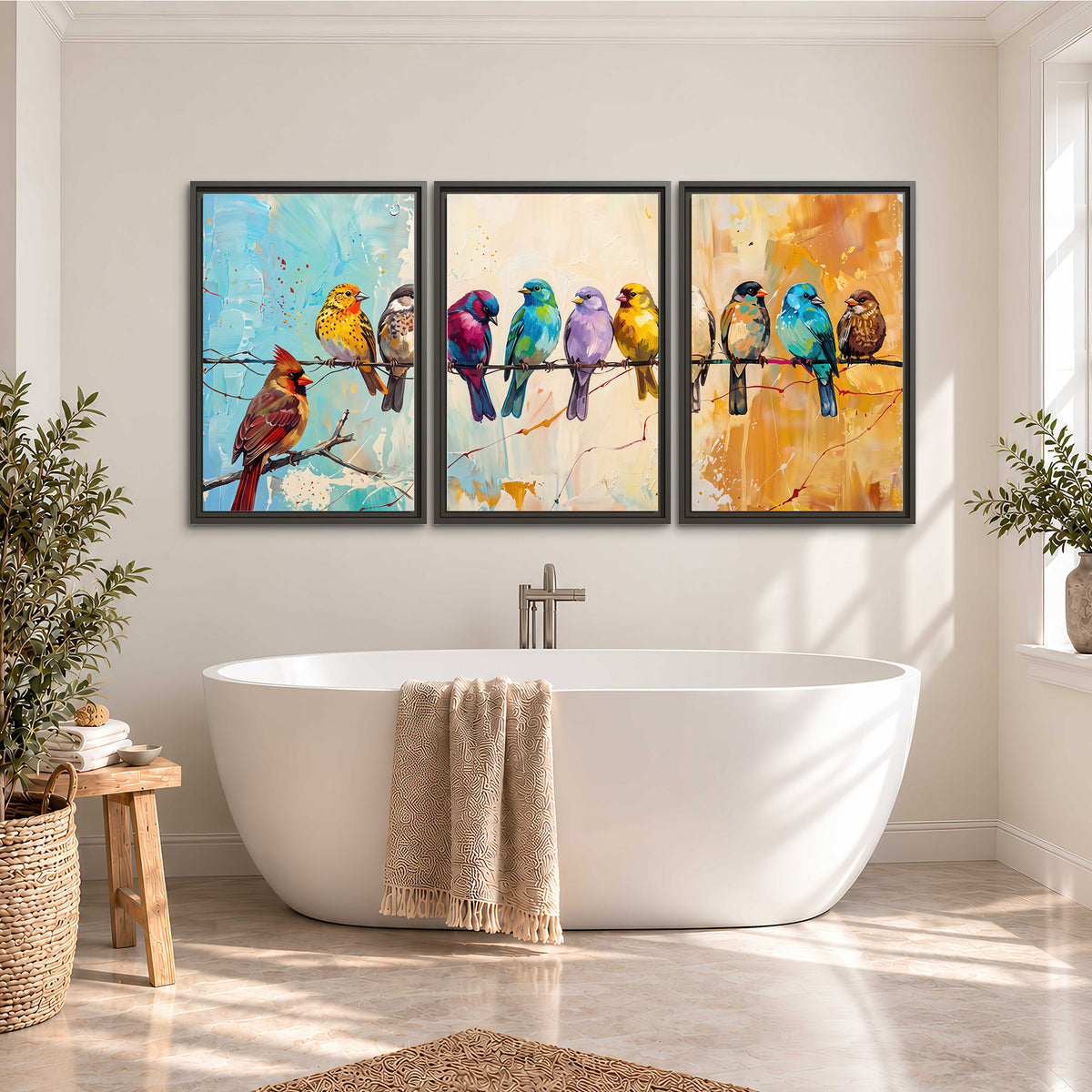 A row of brightly colored birds against expressive turquoise and ochre 3 piece framed canvas wall art styled in an interior