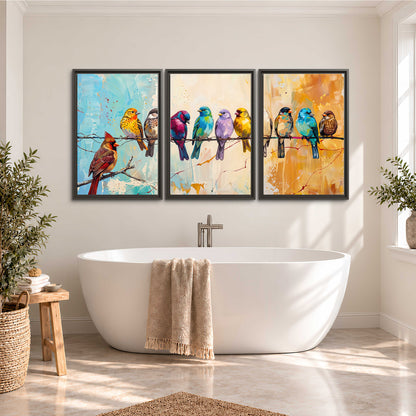 A row of brightly colored birds against expressive turquoise and ochre 3 piece framed canvas wall art styled in an interior