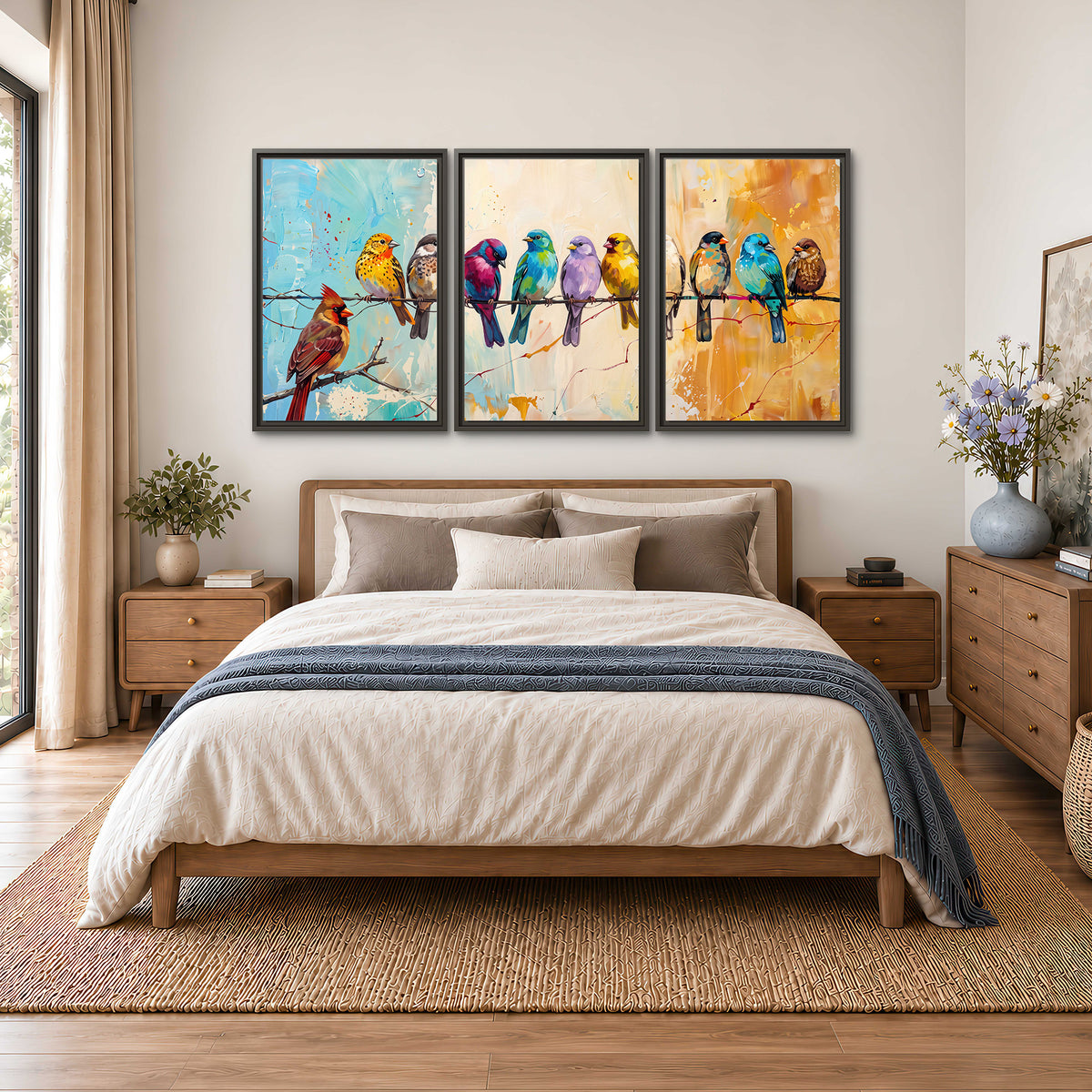 A row of brightly colored birds against expressive turquoise and ochre 3 piece framed canvas wall art styled in an interior