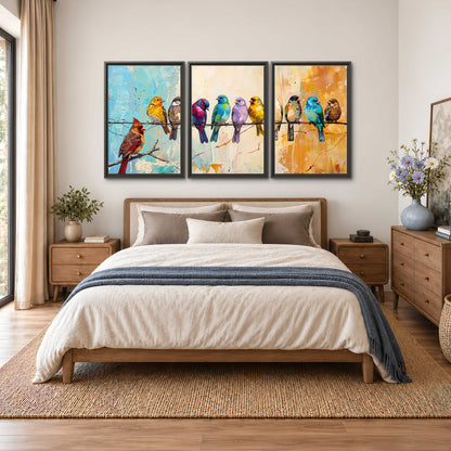 A row of brightly colored birds against expressive turquoise and ochre 3 piece framed canvas wall art styled in an interior