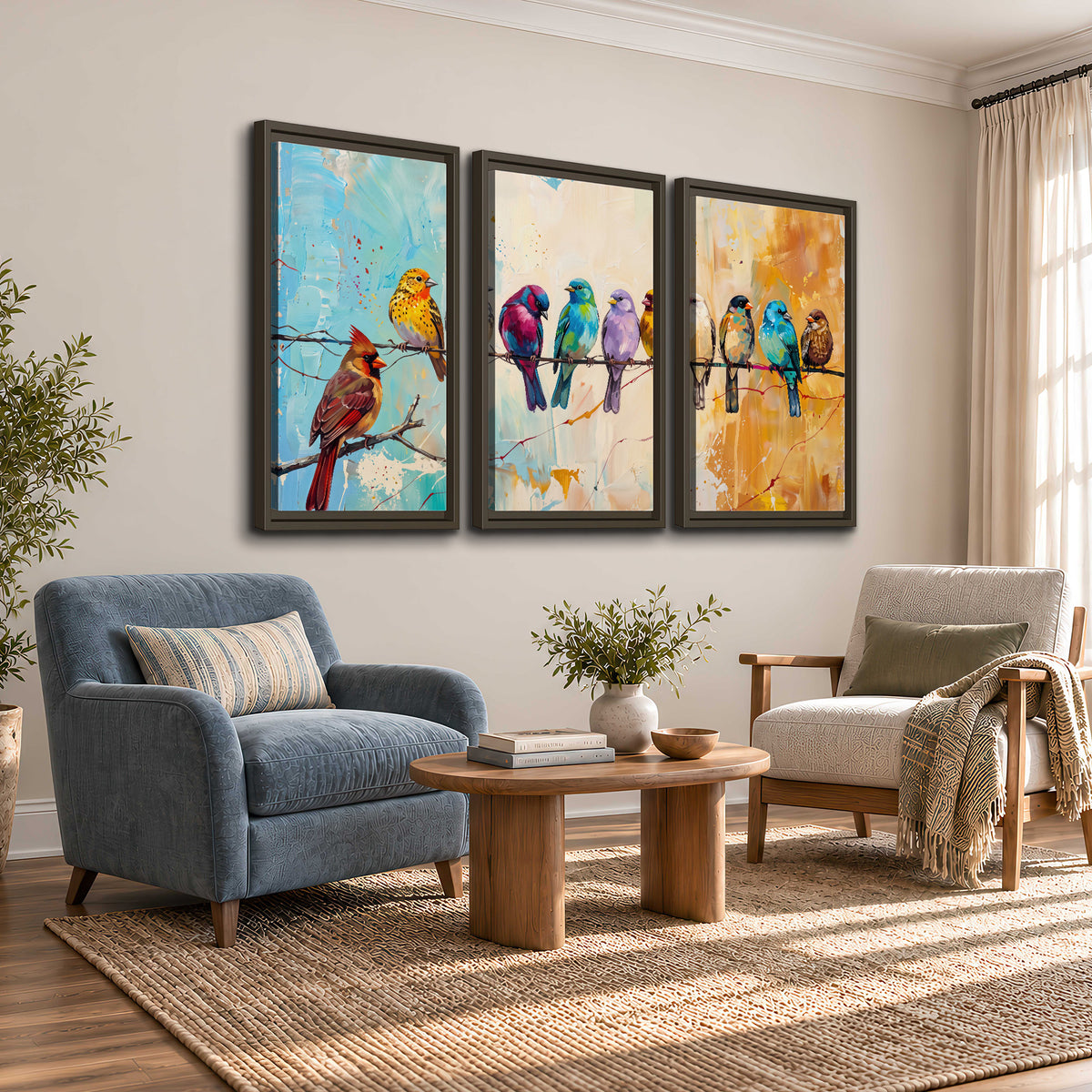 A row of brightly colored birds against expressive turquoise and ochre 3 piece framed canvas wall art styled in an interior