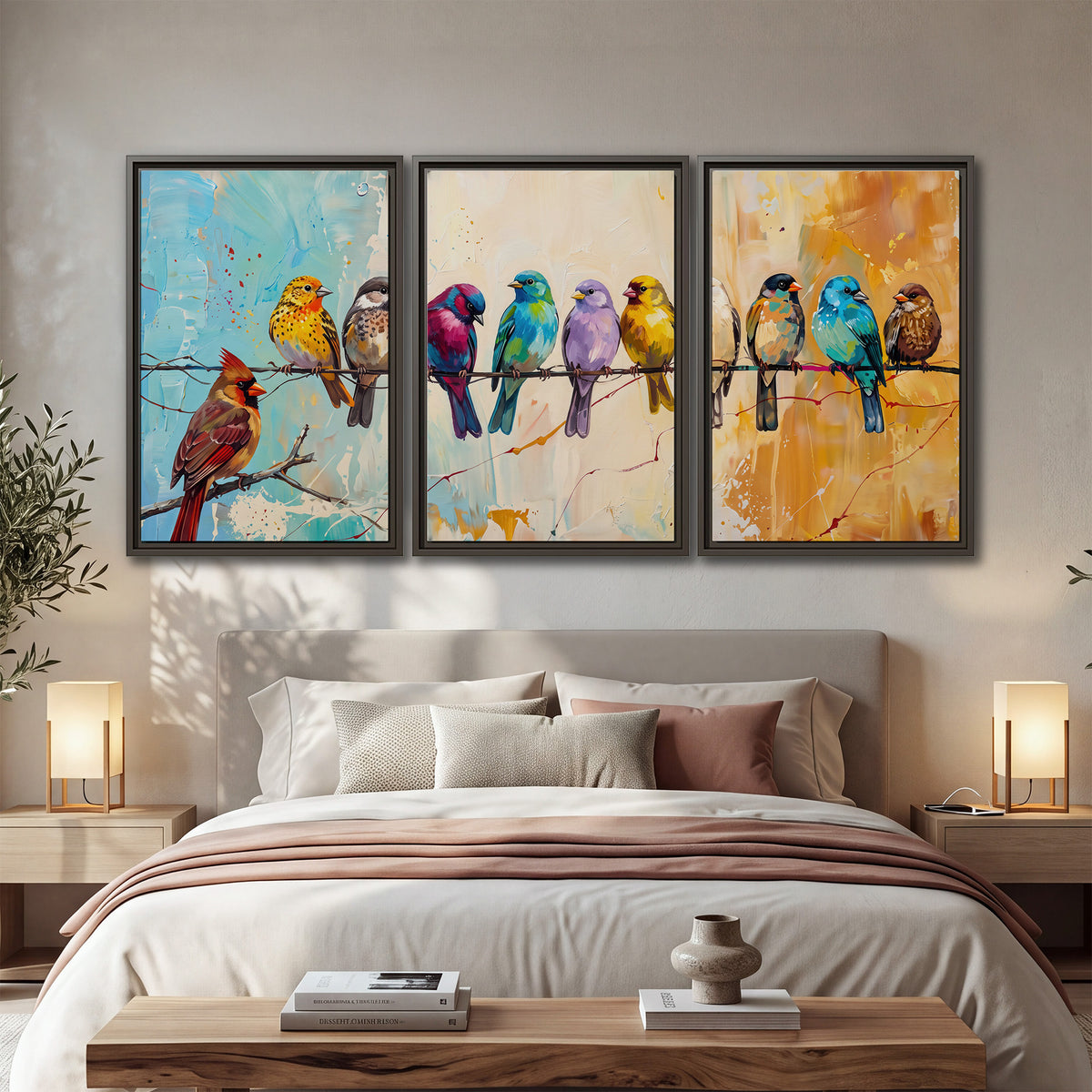 A row of brightly colored birds against expressive turquoise and ochre 3 piece framed canvas wall art displayed in a bedroom