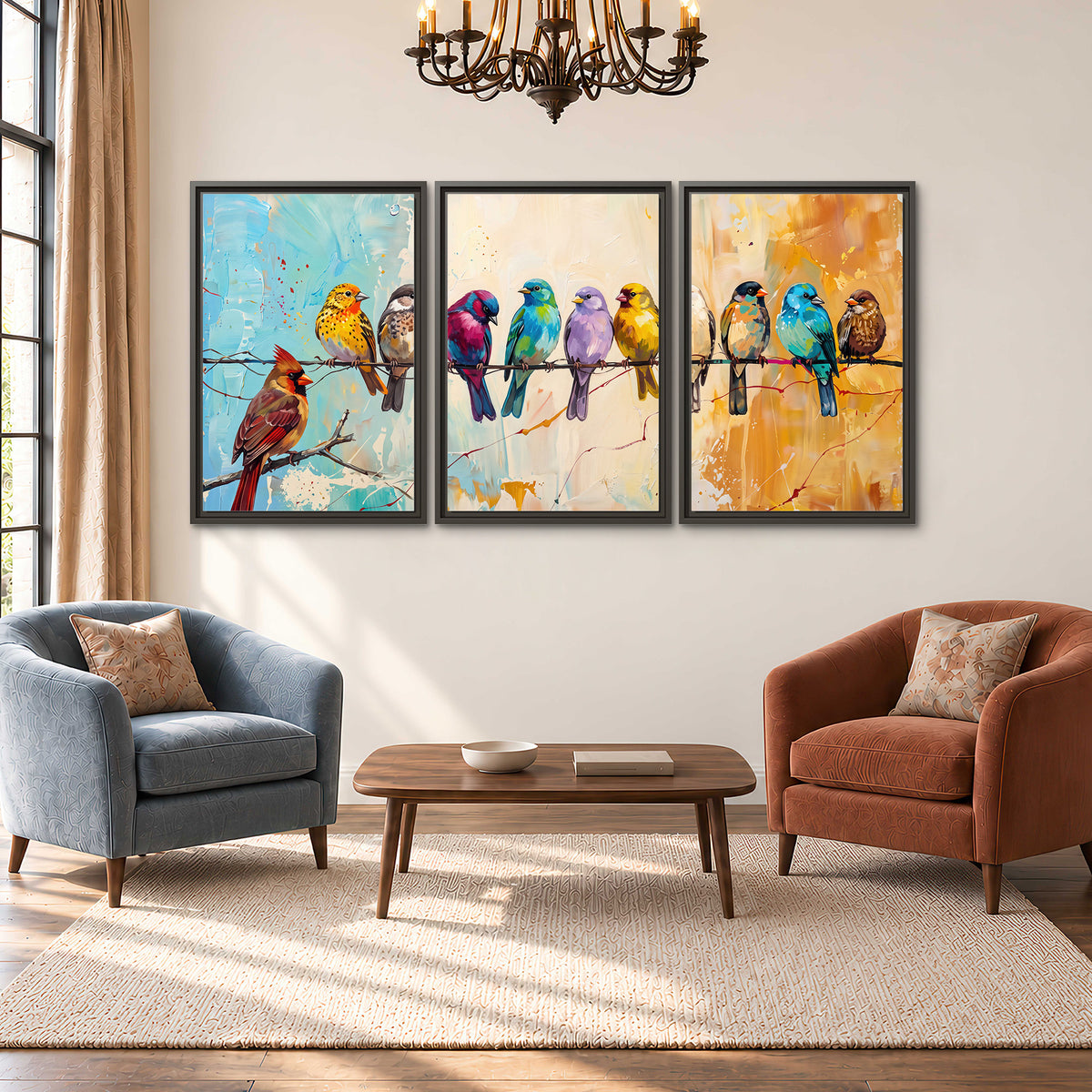 A row of brightly colored birds against expressive turquoise and ochre 3 piece framed canvas wall art styled in an interior