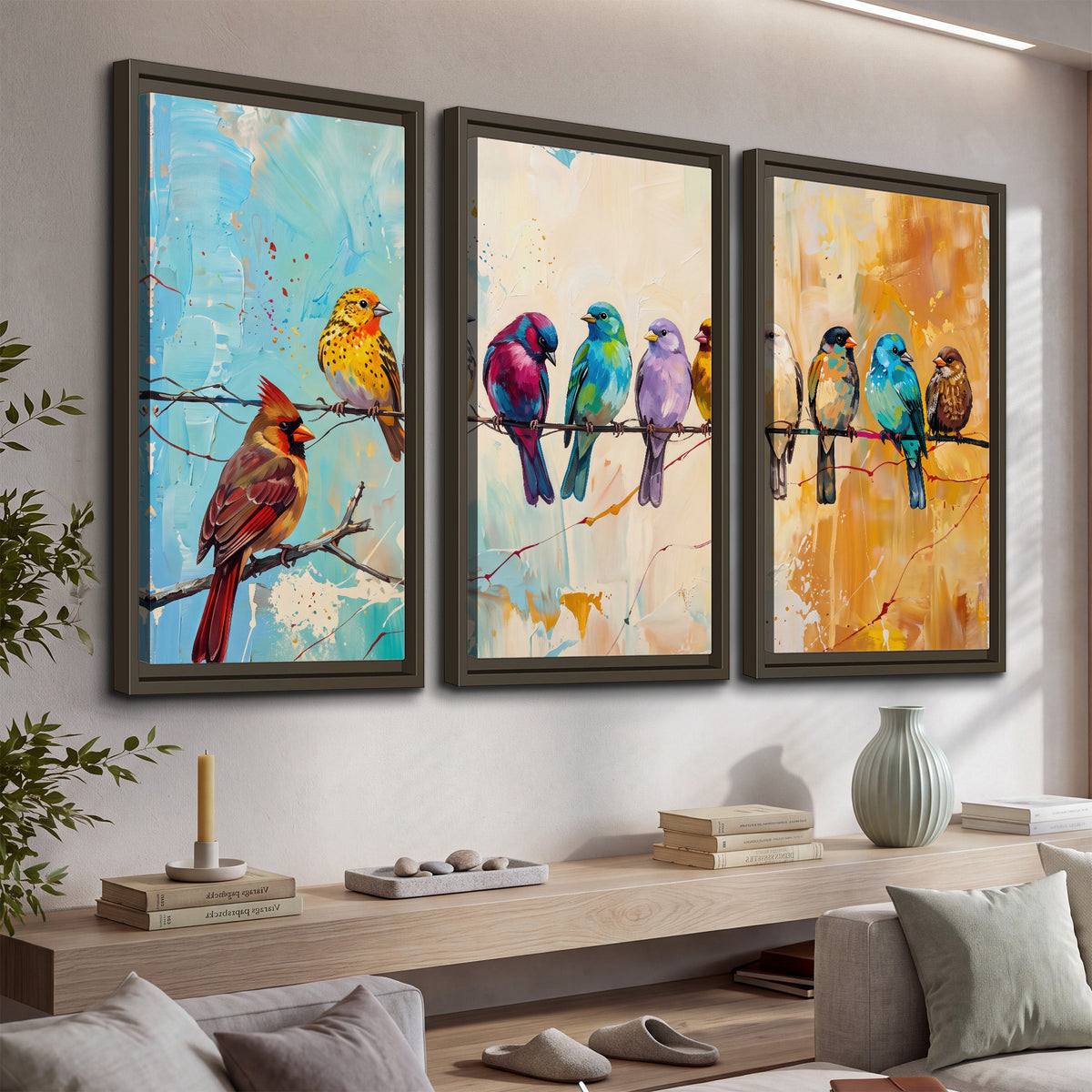 A row of brightly colored birds against expressive turquoise and ochre 3 piece framed canvas wall art displayed in a console