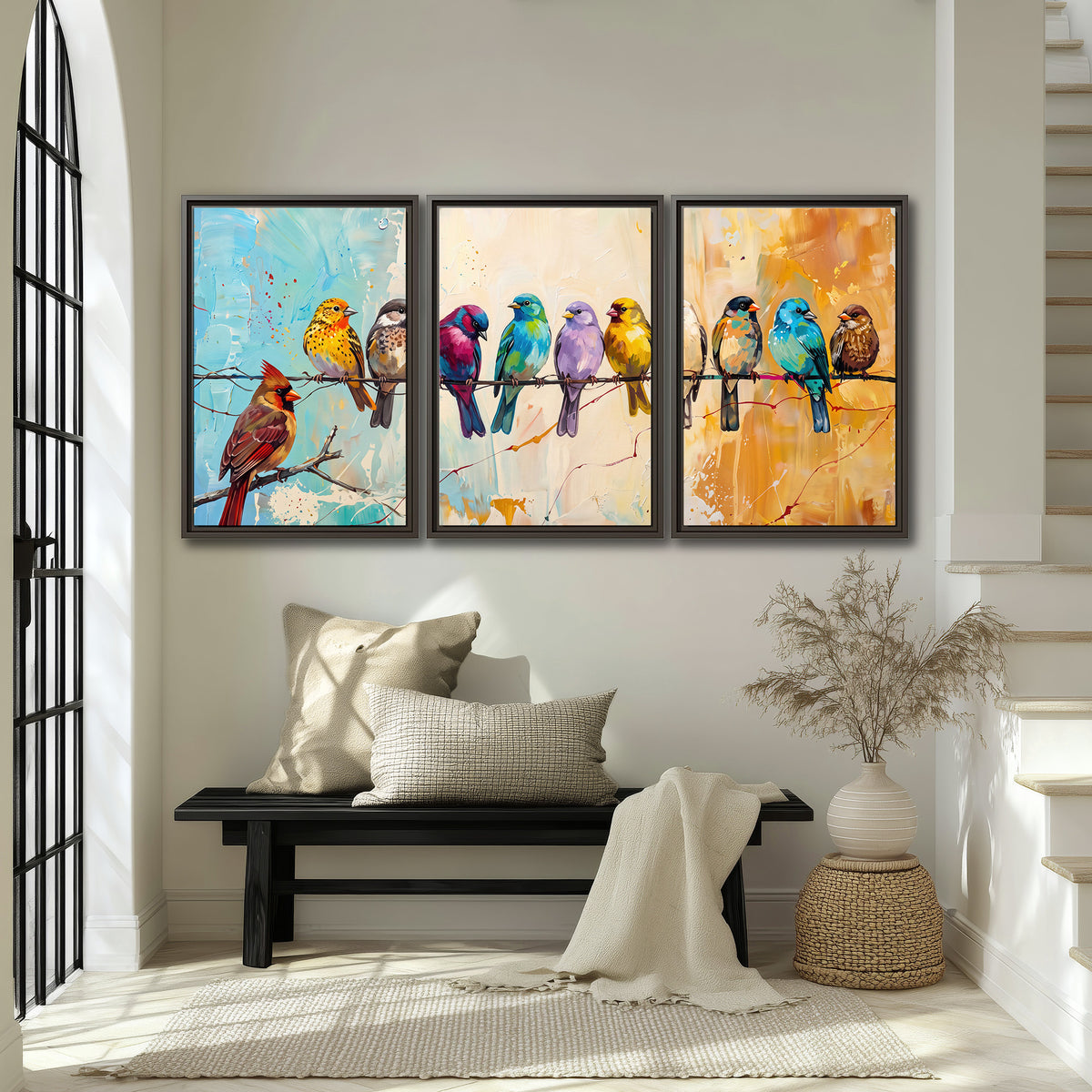 A row of brightly colored birds against expressive turquoise and ochre 3 piece framed canvas wall art displayed in a entryway