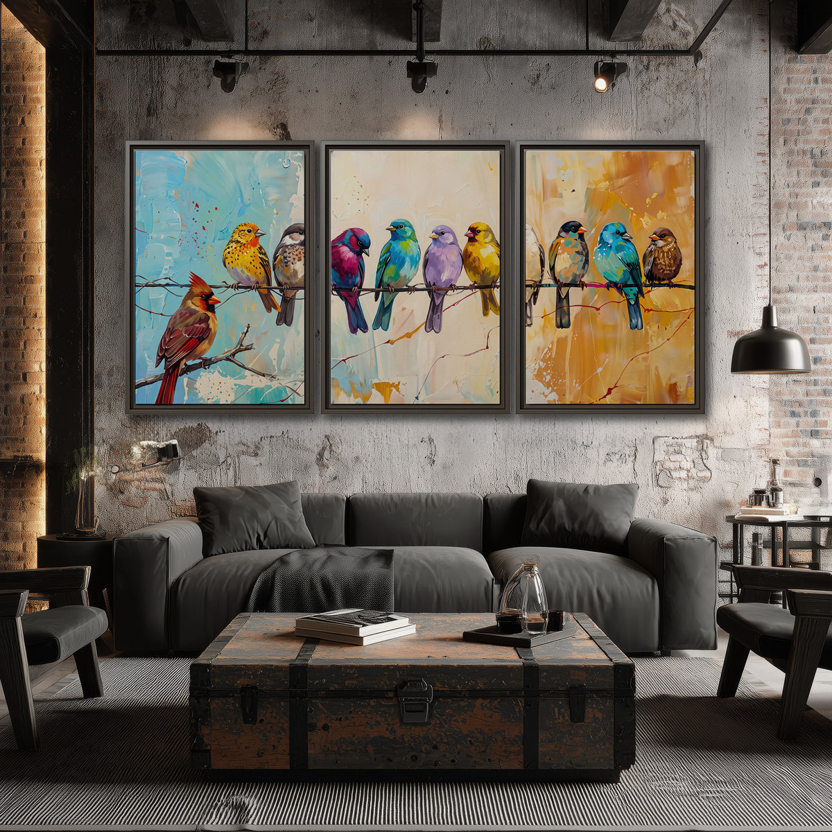 A row of brightly colored birds against expressive turquoise and ochre 3 piece framed canvas wall art displayed in a industrial room