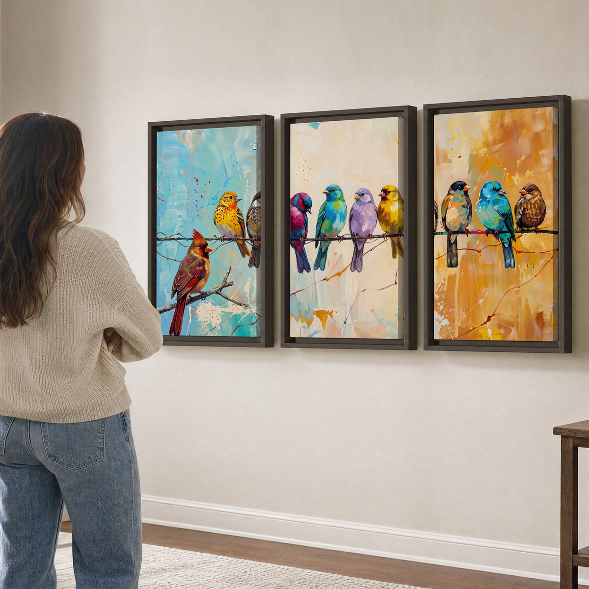 A row of brightly colored birds against expressive turquoise and ochre 3 piece framed canvas wall art three panel arrangement on a wall