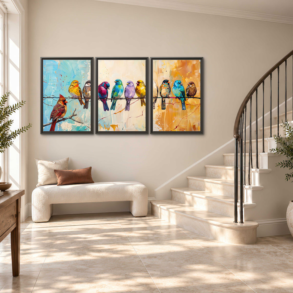 A row of brightly colored birds against expressive turquoise and ochre 3 piece framed canvas wall art styled in an interior