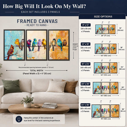 A row of brightly colored birds against expressive turquoise and ochre 3 piece framed canvas wall art size guide above a sofa; room view is illustrative