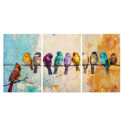 A row of brightly colored birds against expressive turquoise and ochre set of 3 poster prints viewed straight on