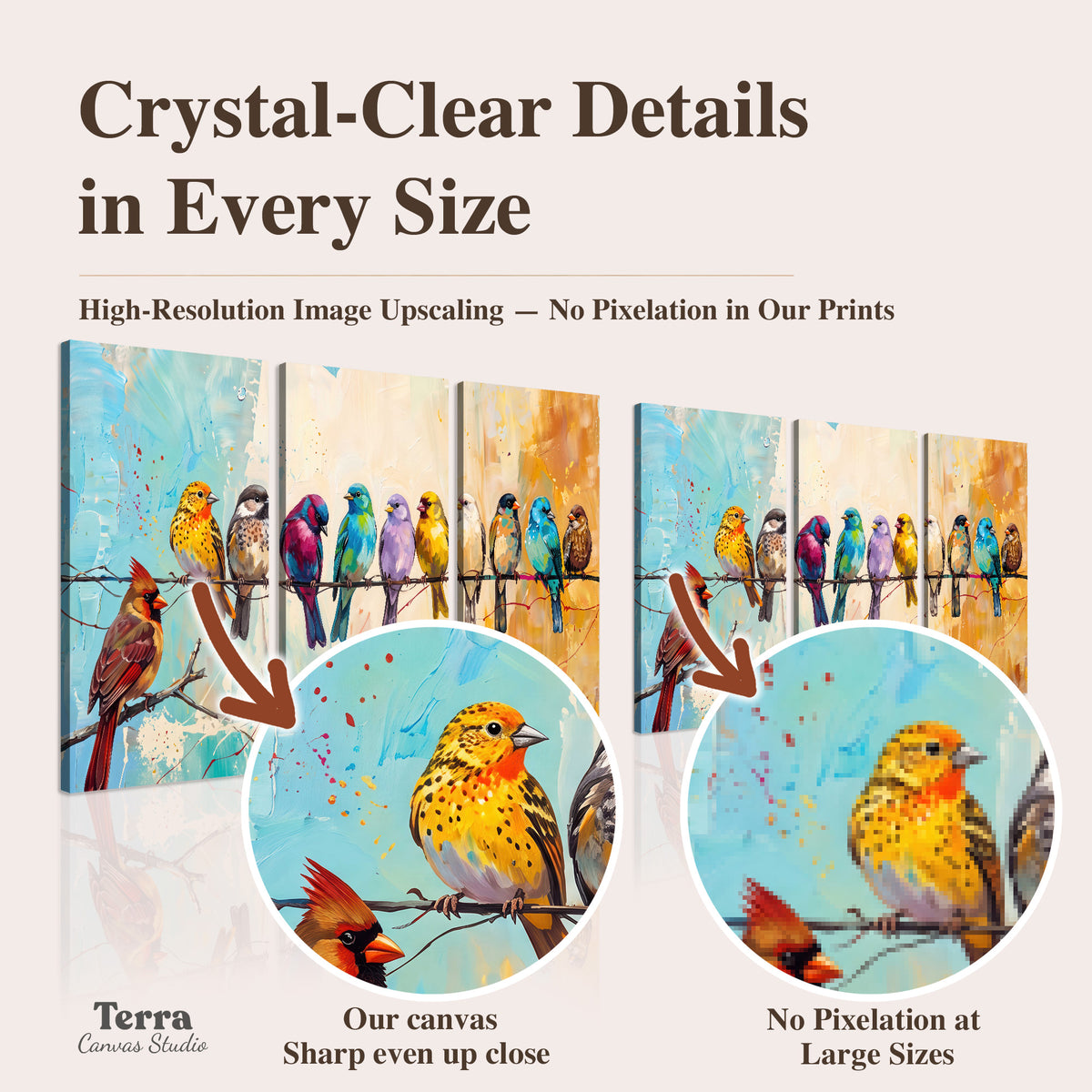 A row of brightly colored birds against expressive turquoise and ochre artwork quality information