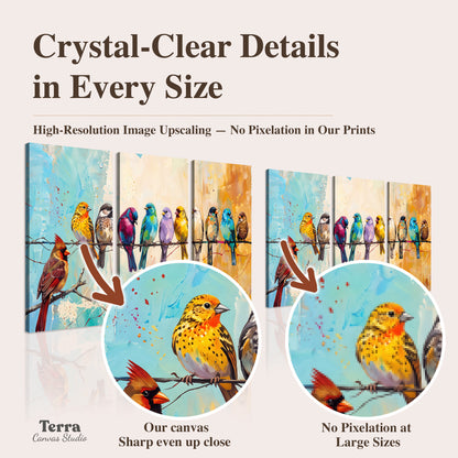A row of brightly colored birds against expressive turquoise and ochre artwork quality information