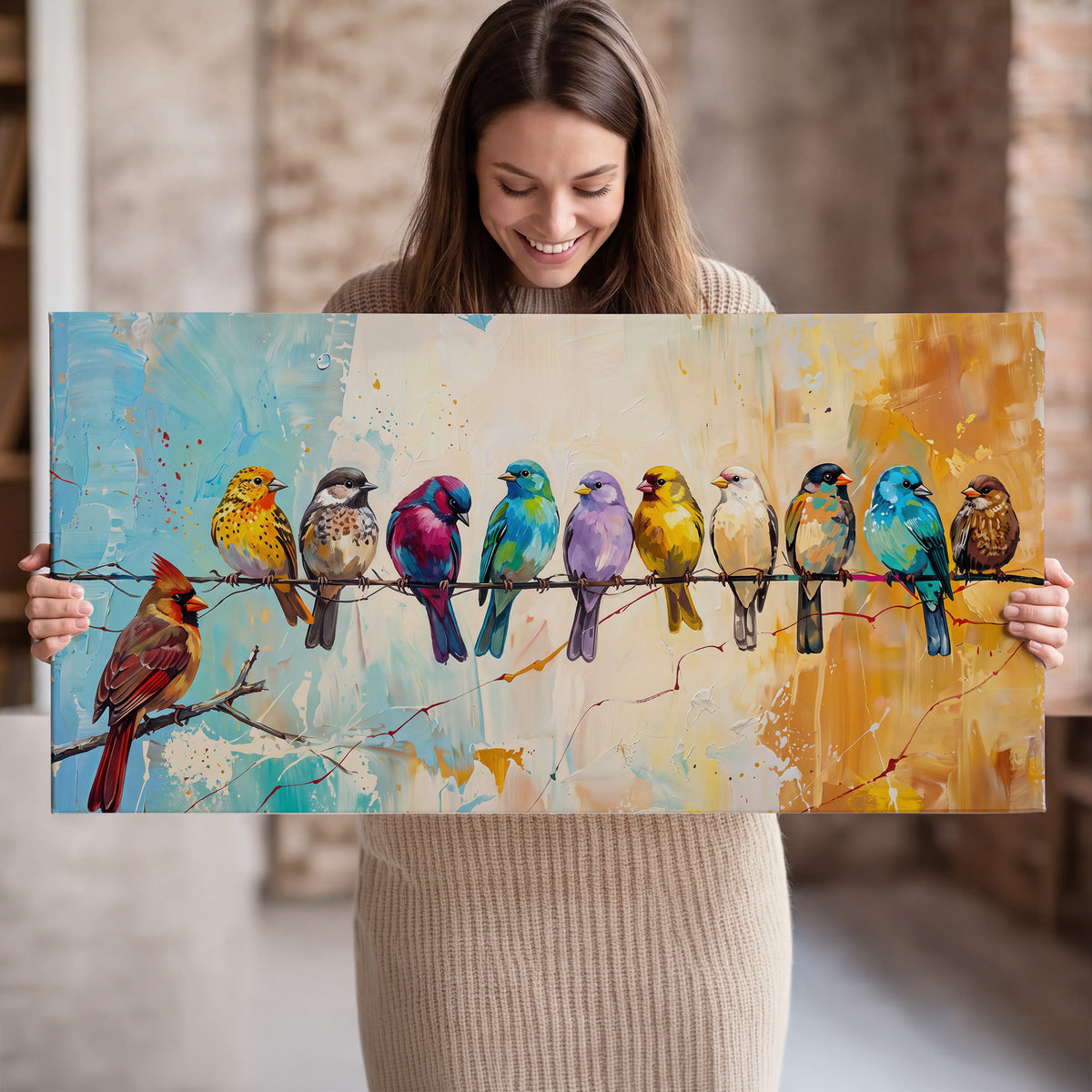 A row of brightly colored birds against expressive turquoise and ochre single canvas wall art held in hands