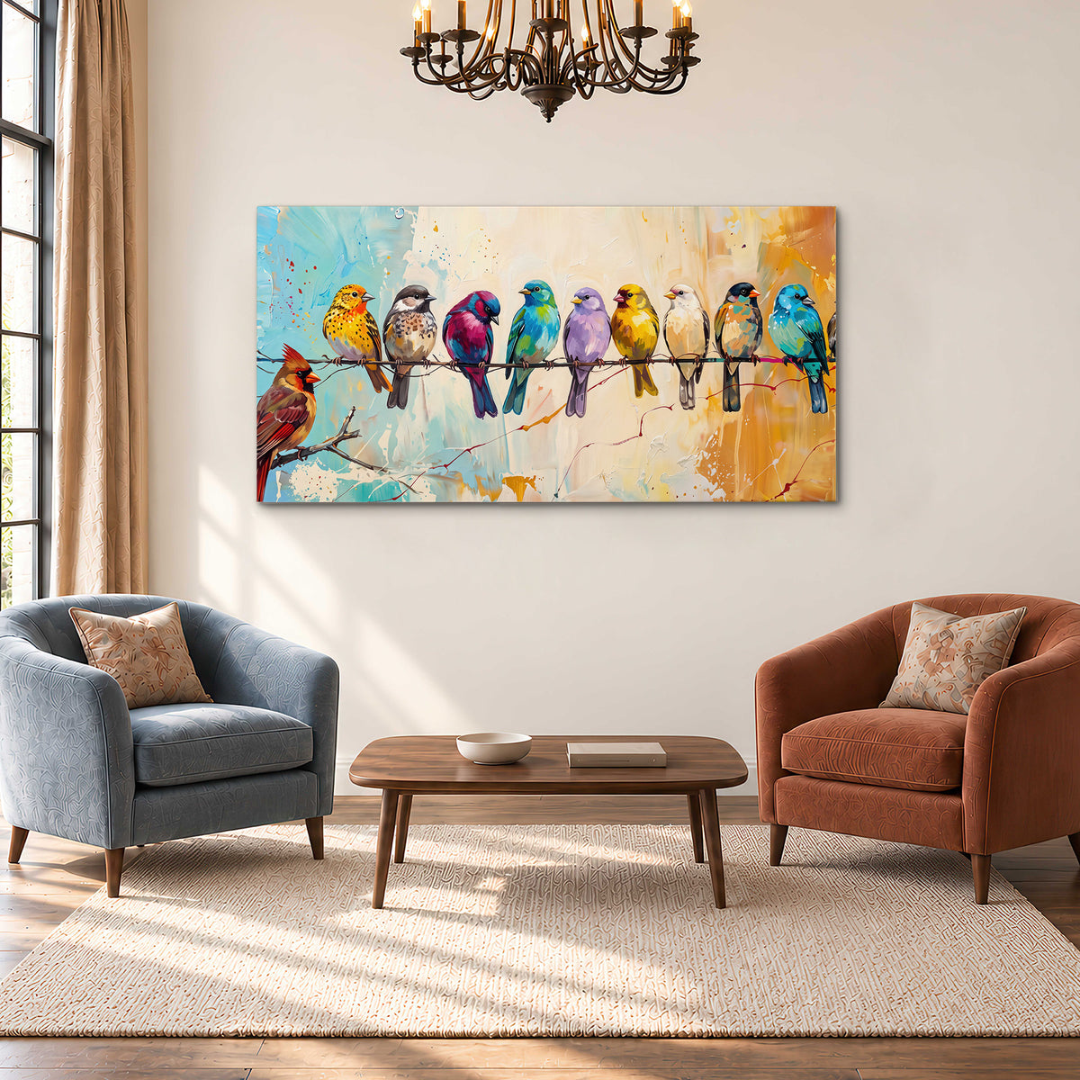 A row of brightly colored birds against expressive turquoise and ochre single canvas wall art styled in an interior