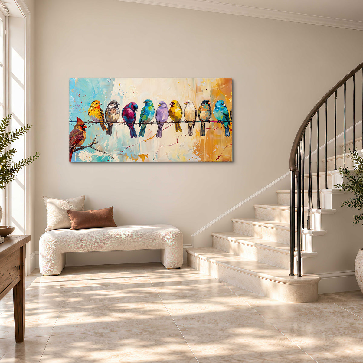 A row of brightly colored birds against expressive turquoise and ochre single canvas wall art styled in an interior