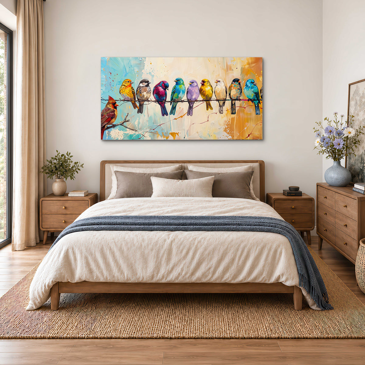 A row of brightly colored birds against expressive turquoise and ochre single canvas wall art styled in an interior