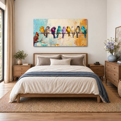 A row of brightly colored birds against expressive turquoise and ochre single canvas wall art styled in an interior