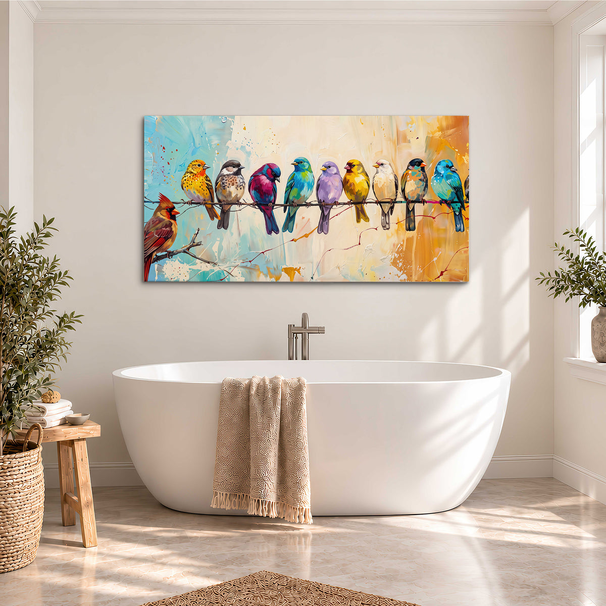 A row of brightly colored birds against expressive turquoise and ochre single canvas wall art styled in an interior