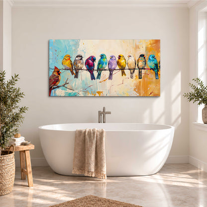 A row of brightly colored birds against expressive turquoise and ochre single canvas wall art styled in an interior