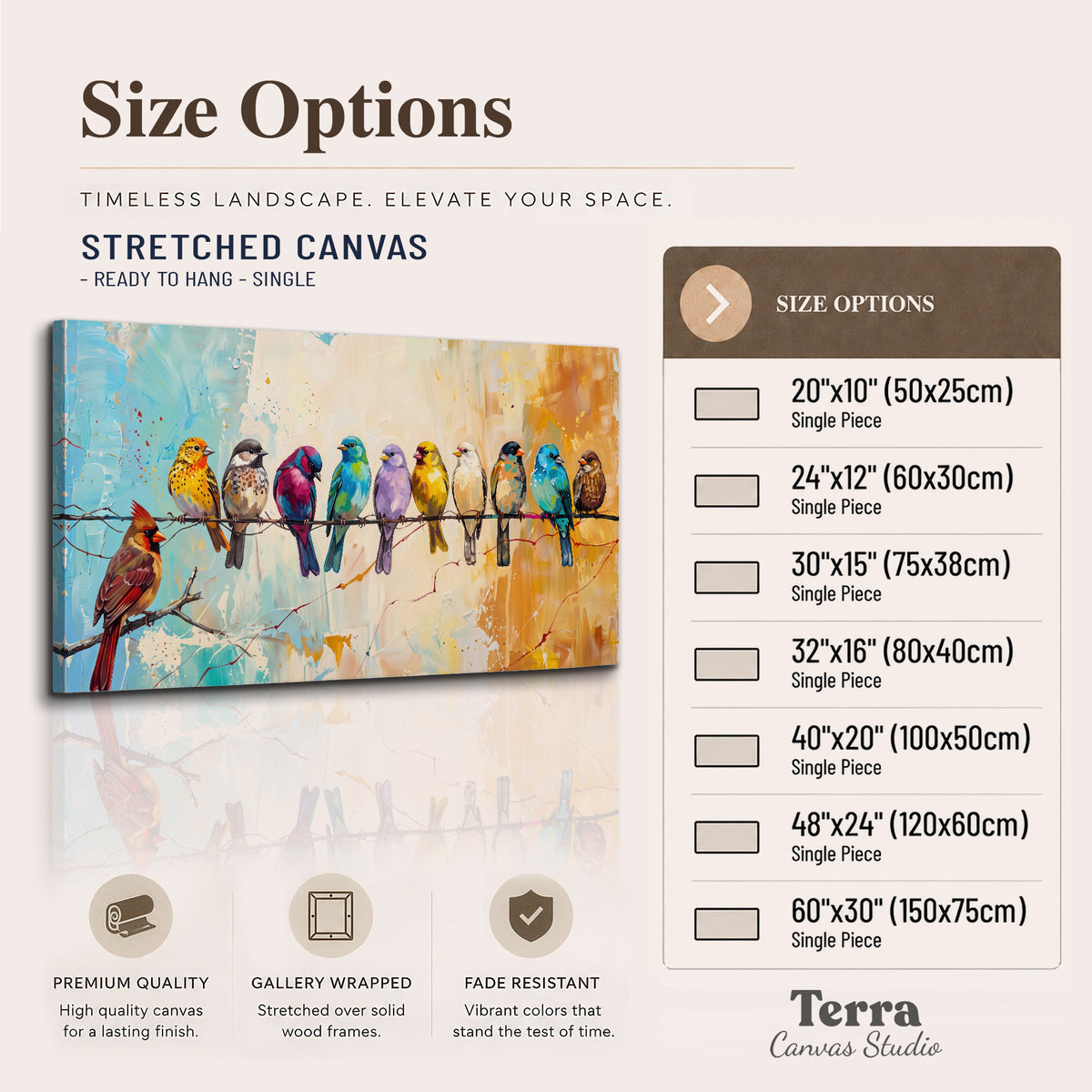 A row of brightly colored birds against expressive turquoise and ochre single canvas wall art available dimensions