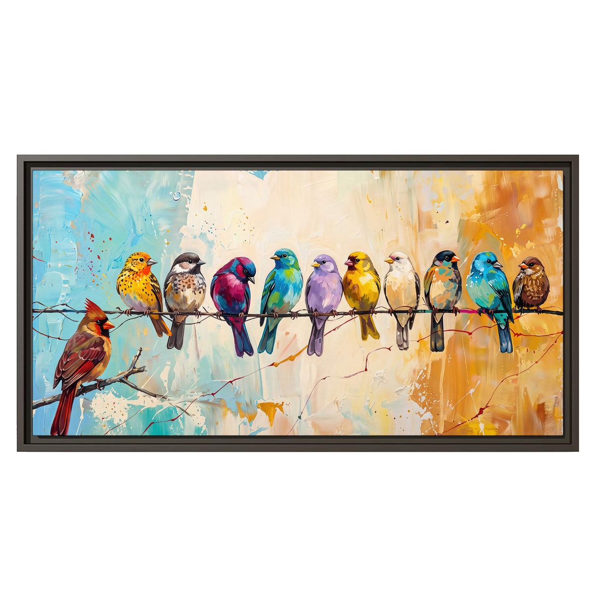 A row of brightly colored birds against expressive turquoise and ochre single framed canvas wall art viewed straight on