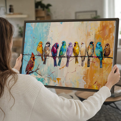 A row of brightly colored birds against expressive turquoise and ochre single framed canvas wall art held in hands
