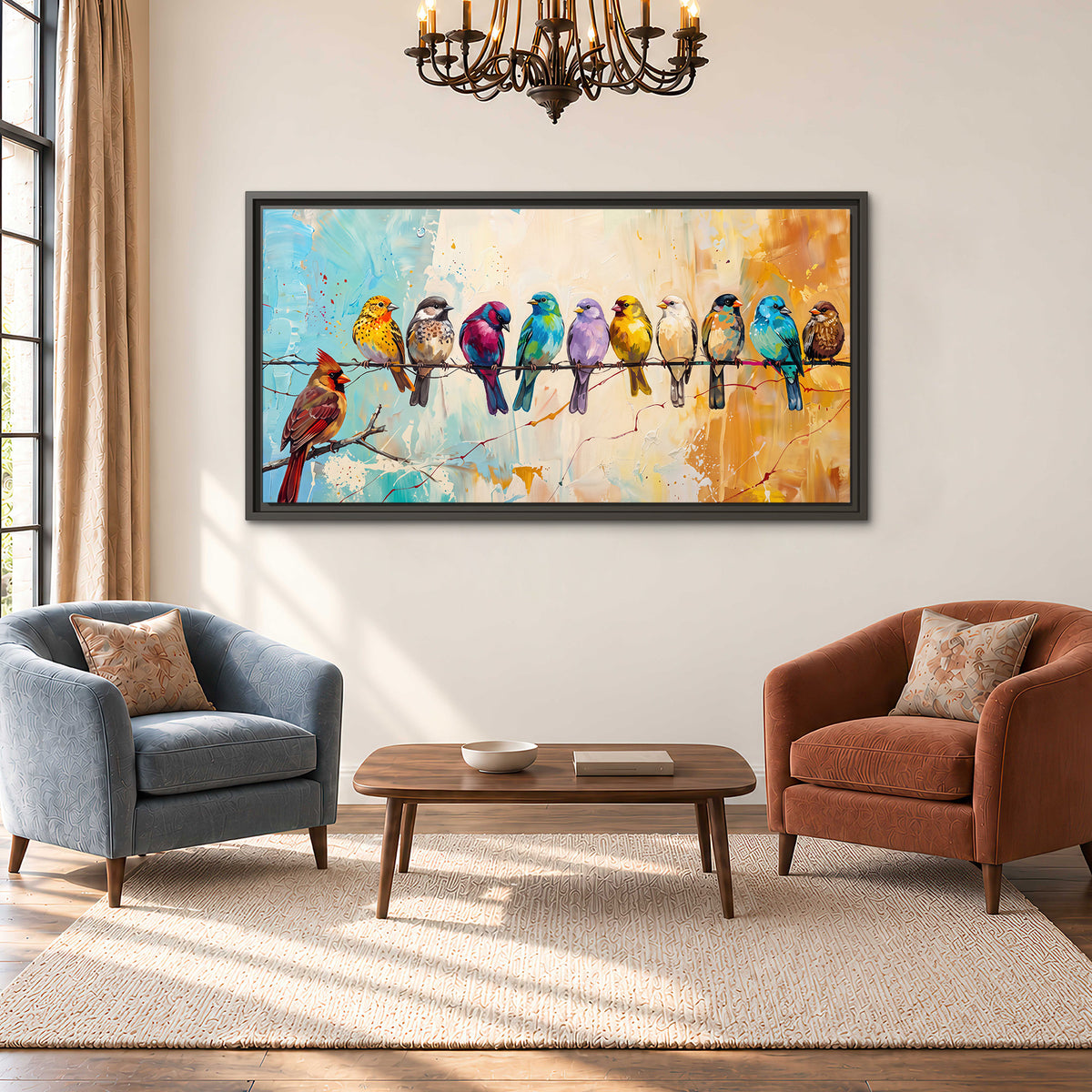 A row of brightly colored birds against expressive turquoise and ochre single framed canvas wall art styled in an interior